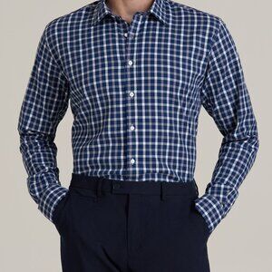 American Tall Oskar Button-Up Dress Shirt for Tall Men in Navy and Grey Grid Siz